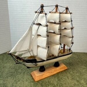 Vintage Wooden Tall Ship Model Nautical Decor White Sails 3-Mast Schooner
